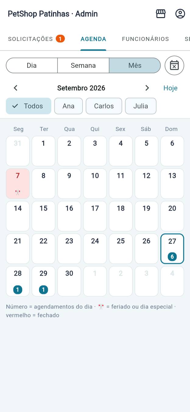 Calendário do mês com a quantidade de agendamentos por dia e os feriados marcados