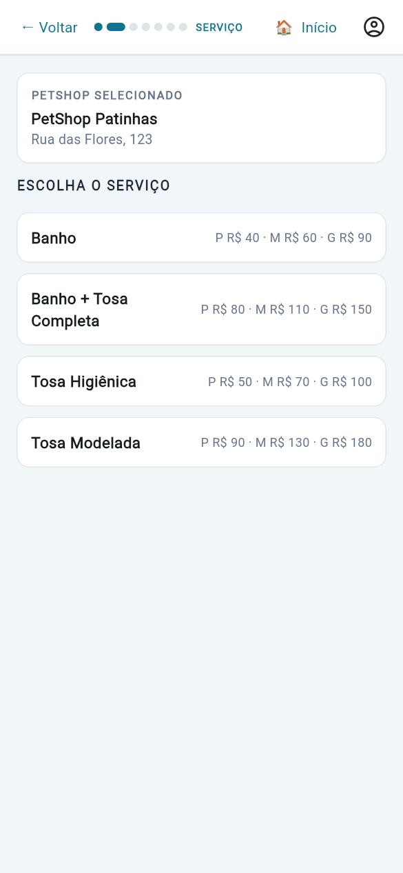 Cliente que abriu o link: petshop já selecionado e a lista de serviços com os preços por porte