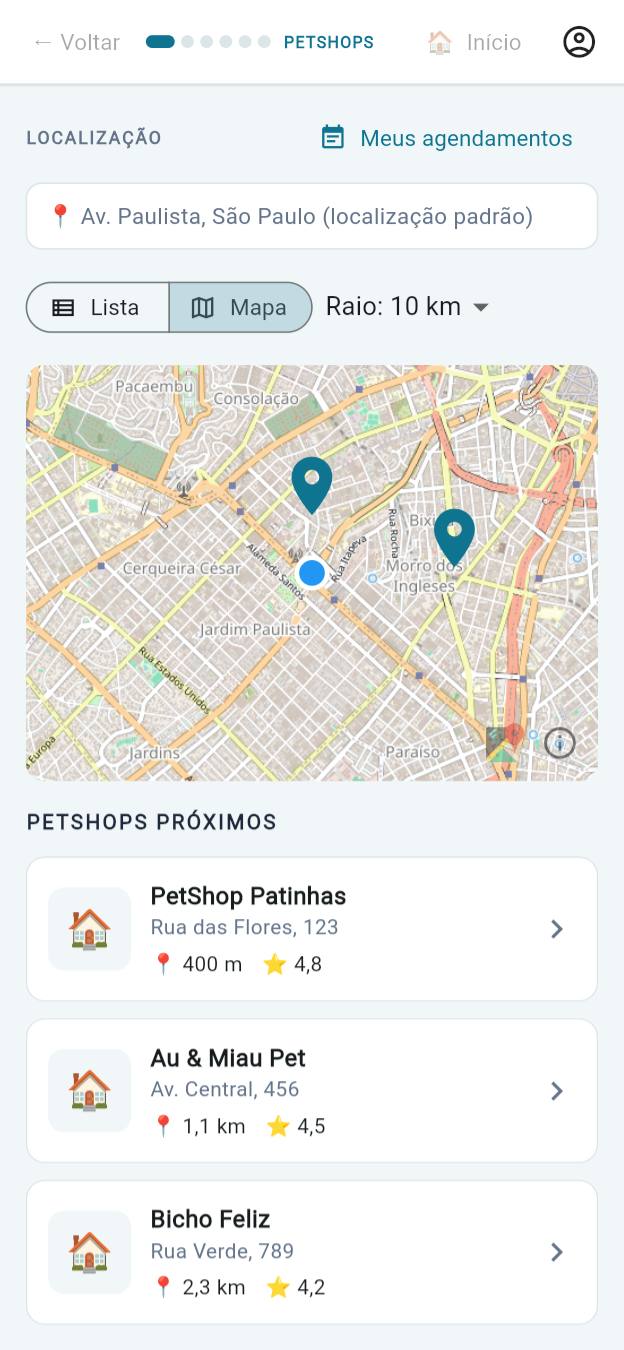 App do cliente: mapa e lista de petshops próximos com distância e nota