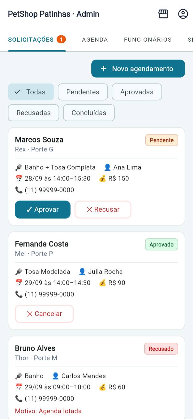 Tela de solicitações do petshop: pedidos pendentes e aprovados com serviço, profissional, horário e valor