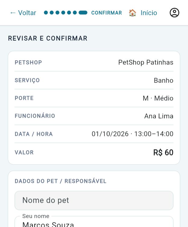 Resumo do agendamento com petshop, serviço, porte, profissional, data e valor